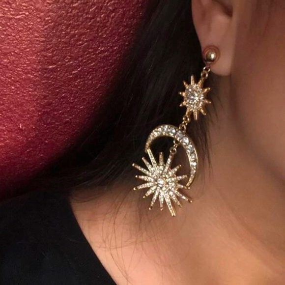 Exaggerated Crescent Moon, Sun & Star Rhinestone Gold Color Celestial Earrings - Picture 5 of 6
